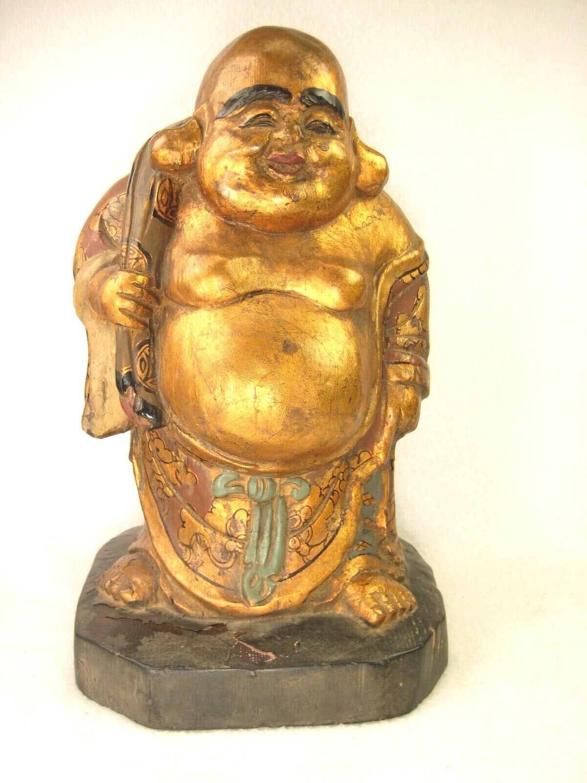 Antique Japanese Kiri Wood & Lacquer Statue Buddhist God Of Luck Hotei