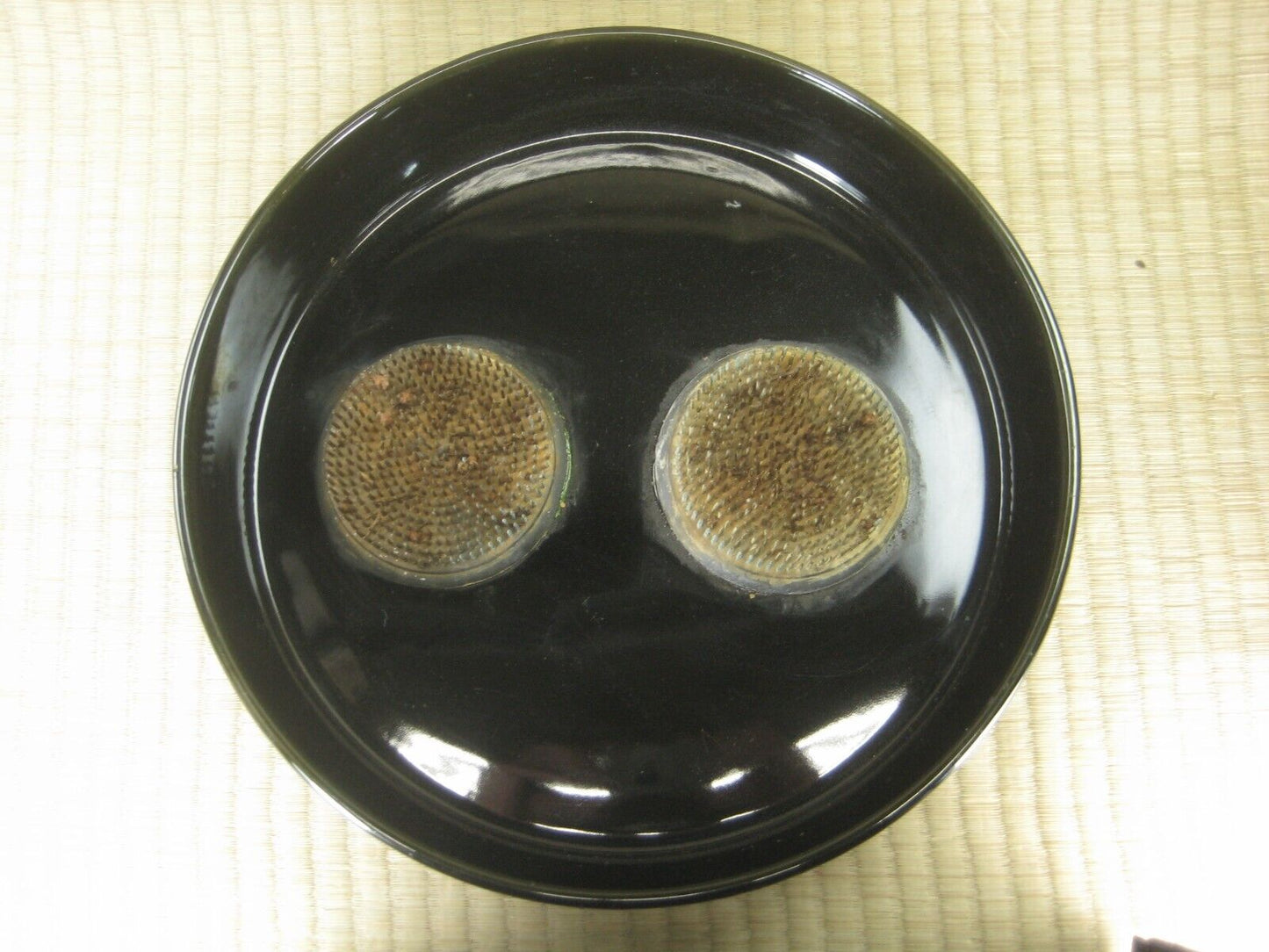 Japanese Ceramic Ikebana Vase With 2 kenzan Flower Frogs Attached Black 12.5"