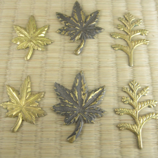 Antique Japanese Brass Stamping Set Of 6 S. & M. Maple X2 + Tree Sprig X2 2"