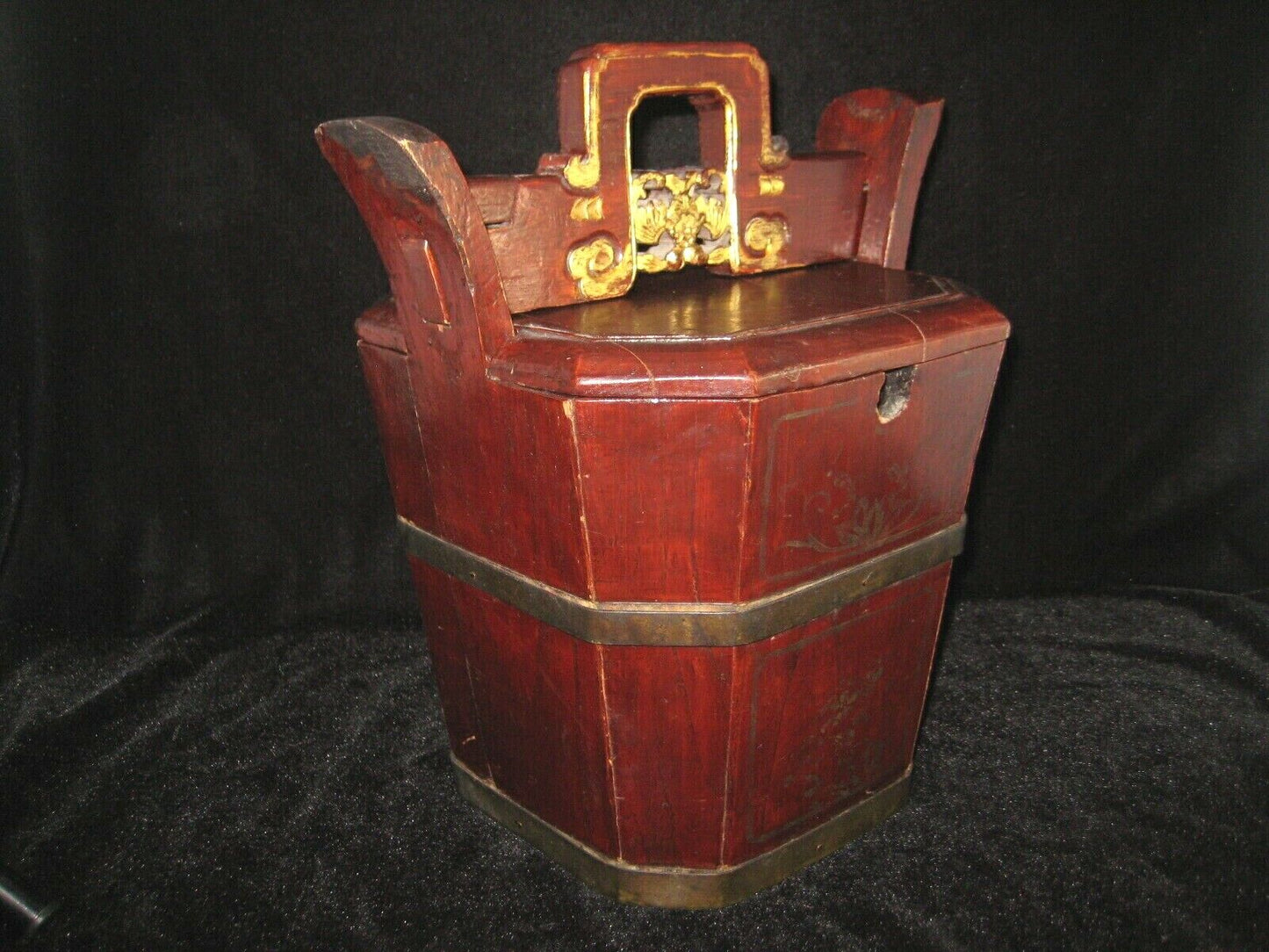 Antique Chinese Hardwood Teapot Caddy Holder W/ Bat Carving Red & Gold