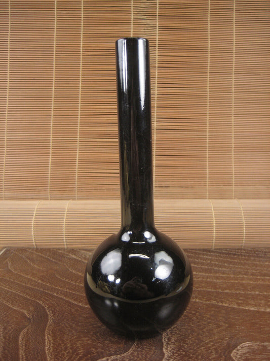 Vintage Black Glass Ikebana Bud Vase Tall Neck Round Body6.25"