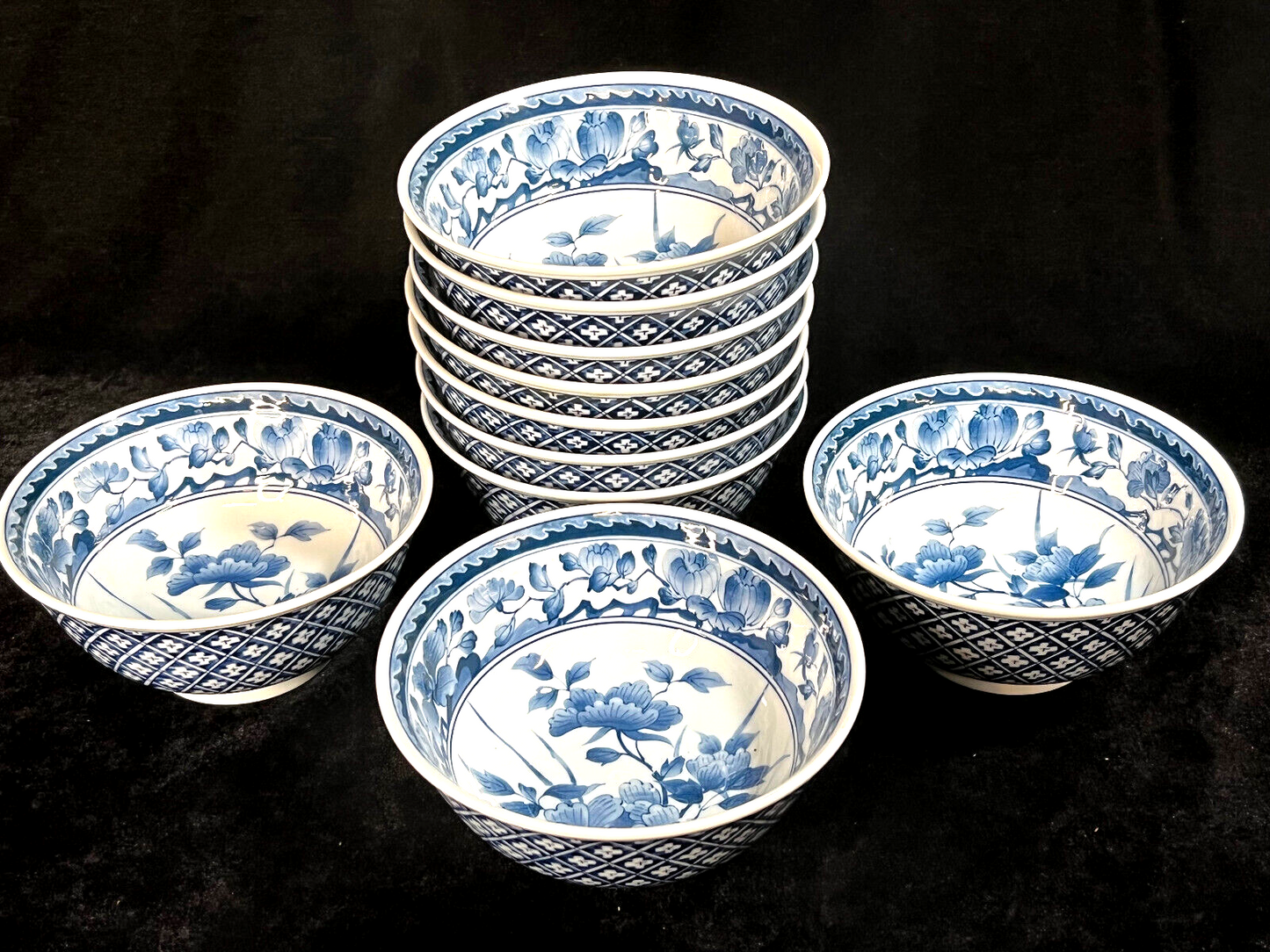Vintage Japanese Ceramic Bowl Blue & White Peony Motif 6"W X 2.75"H