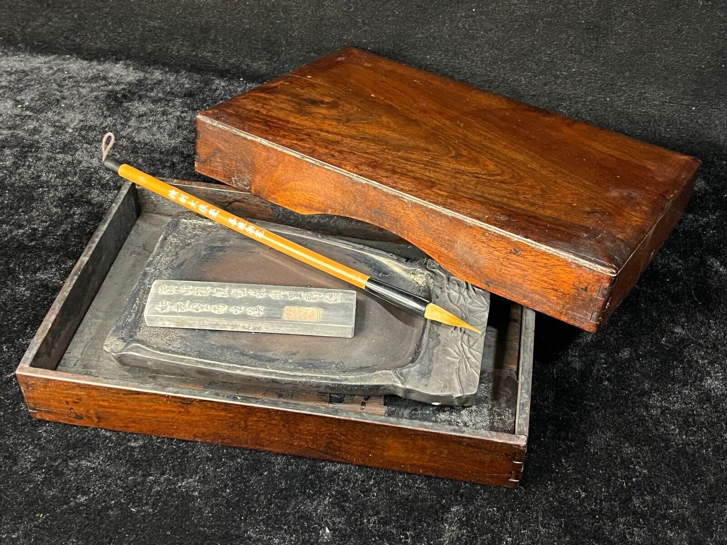 Antique Japanese Suzuri Ink Stone W/ Presentation Box Brush & Sumi Ink Stick