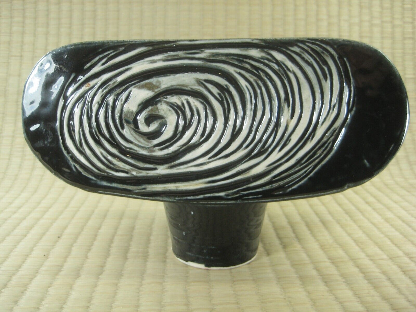 Japanese Ceramic Ikebana Vase With kenzan Flower Frog Attached Black & White 9"