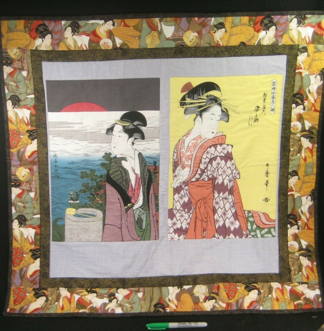 Vintage Japanese Signed Printed Cotton Stitched Quilt Geisha Design 28 X 30"