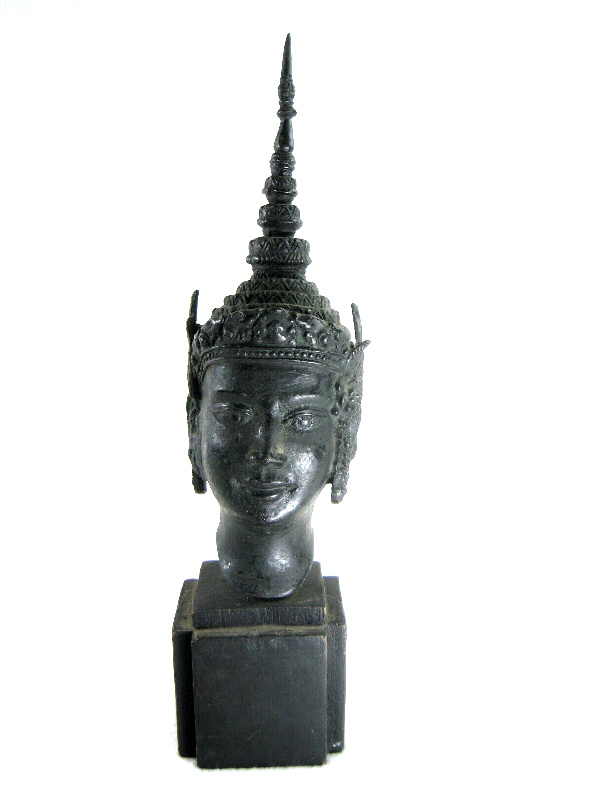 Vintage Thai Bronze Small Cast Buddah Head Smiling W/ Tall Crown & Flowers