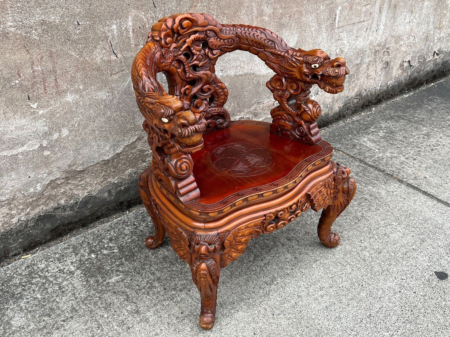 Antique Japanese Meiji Era (C1900) Dragon Chair Hand Carved For Export 17"Seat