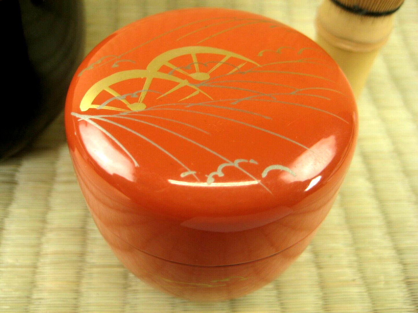 Vintage Japanese Tea Ceremony Natsume Tea Caddy Red Lacquer Cartwheel Wood