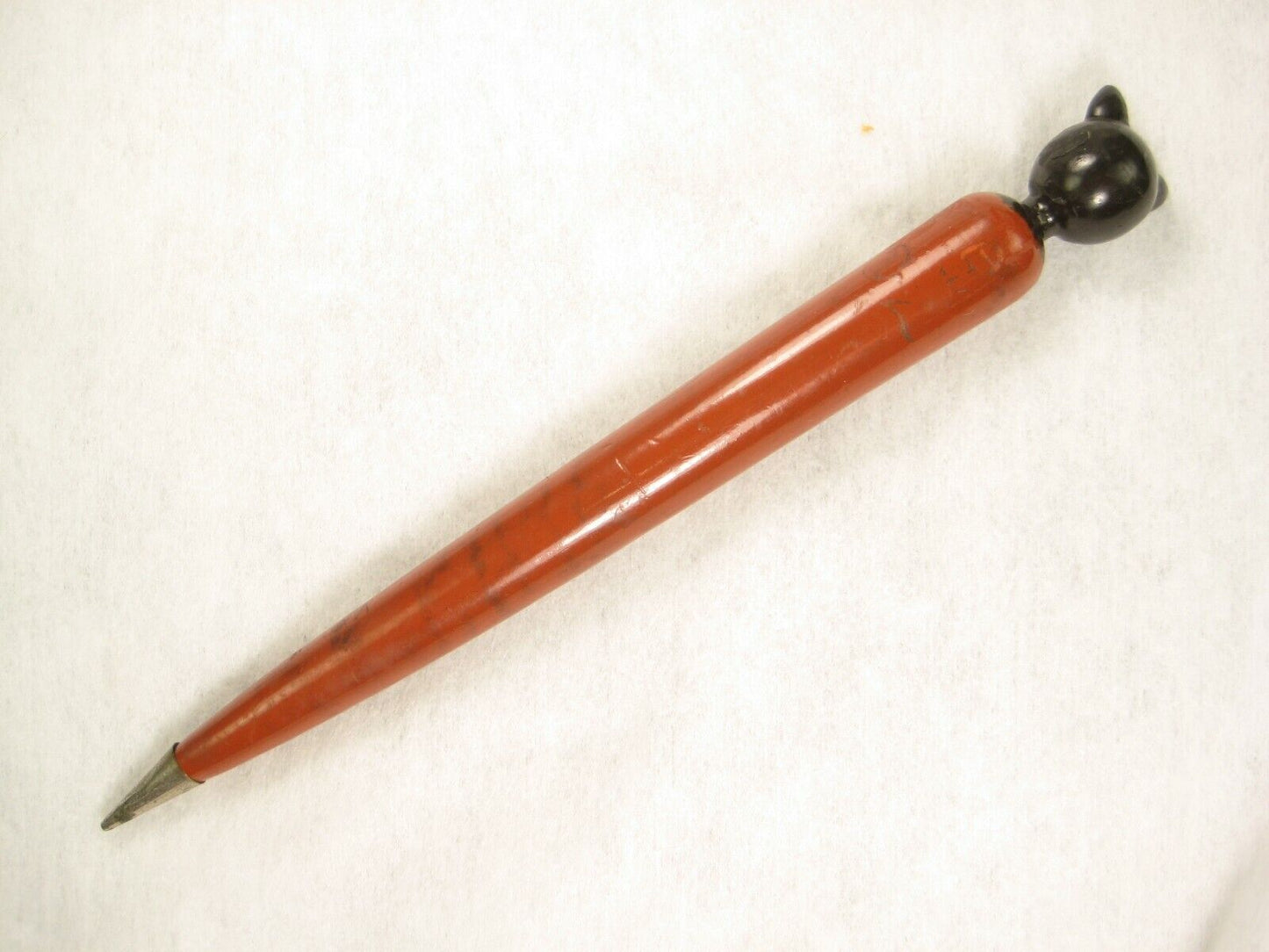 Vintage Japanese Signed Wooden Mechanical Pencil Carved Wooden Kitten Cat Head