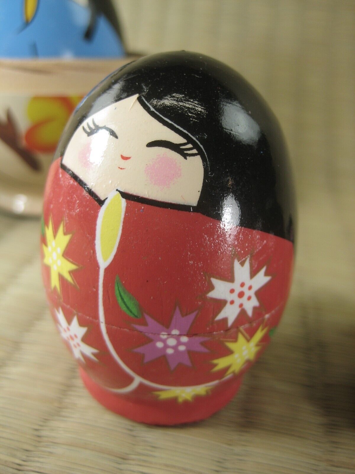 Set Of 5 Japanese Kokeshi Wooden Nesting Dolls In Floral Kimono Matryoshka 10"