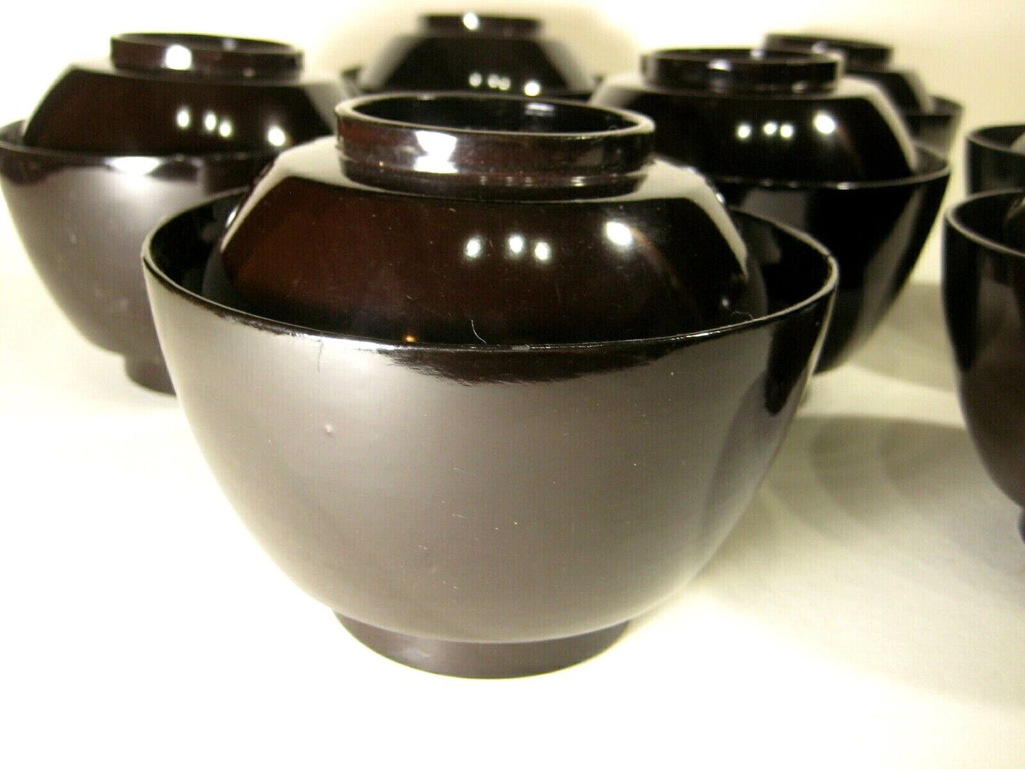 Antique Japanese Set Of 7 Meiji Era (C1880) High Sheen Black Lacquer Bowls