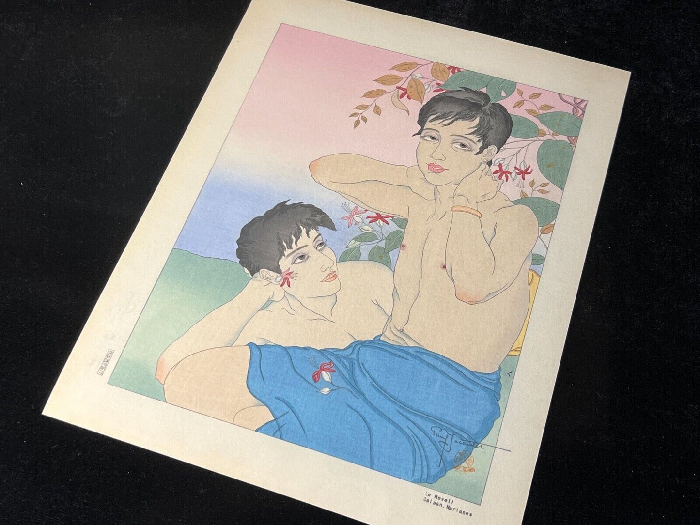 Paul Jacoulet Giclee Woodblock Print "Le Reveil" Saipan 7.75"x10"