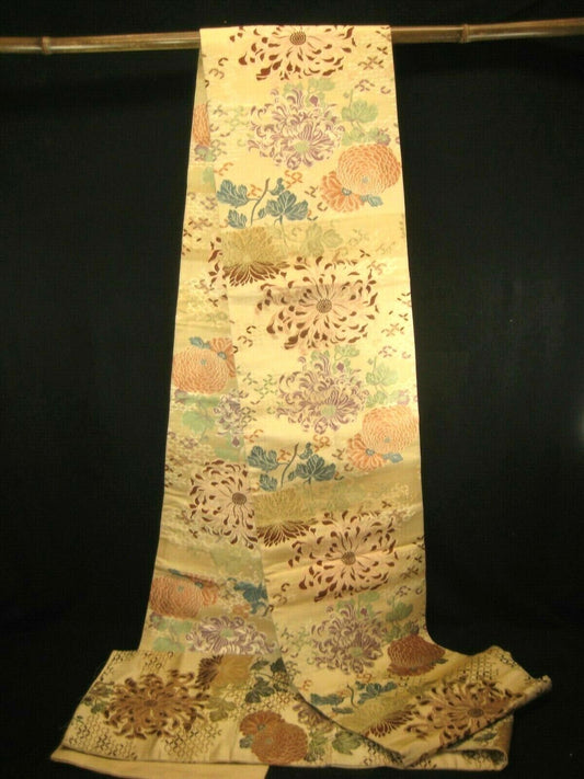 Japanese Cream Color Obi Sash For Kimono Belt Chrysanthemum Kiku Flowers