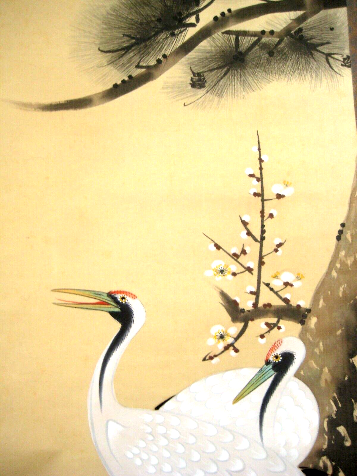 Vintage Japanese Scroll Cranes & Turtles By The Shore Beneath Pine 20.5 X 72"