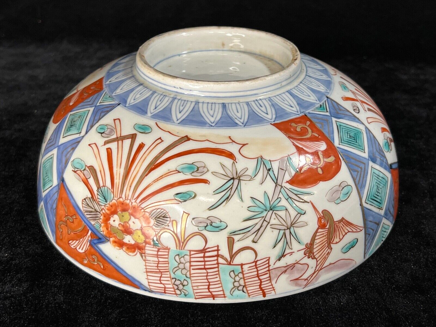 Antique Japanese Edo Era 1800'S Imari Ceramic Bowl Phoenix & Crane 8.5"