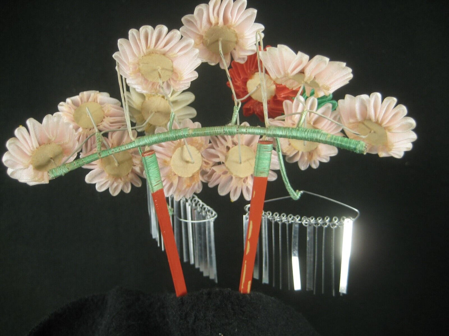 Vintage Japanese Kanzashi Geisha Style Hairpiece Flowers W/ Shiny Tassels