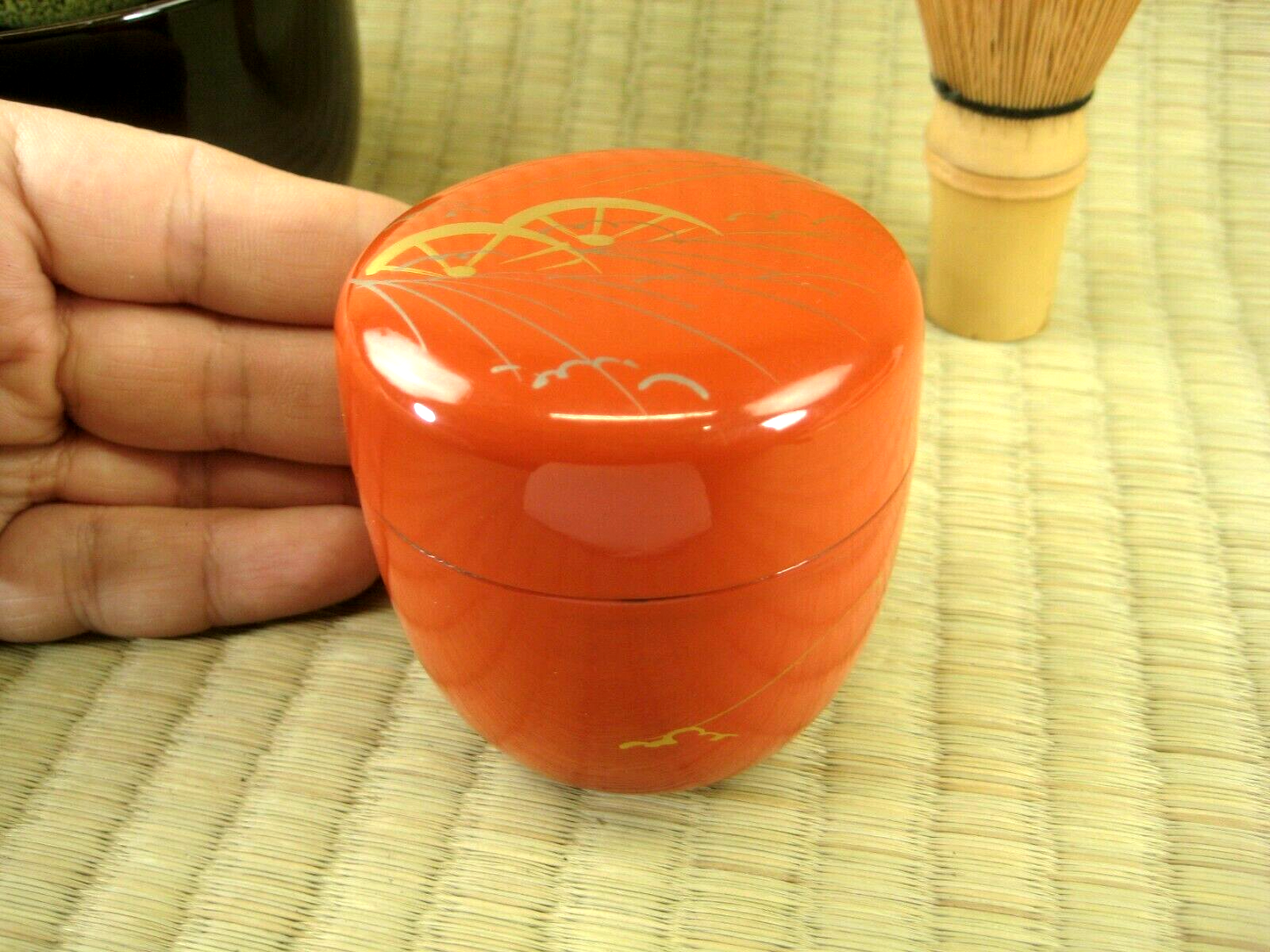 Vintage Japanese Tea Ceremony Natsume Tea Caddy Red Lacquer Cartwheel Wood