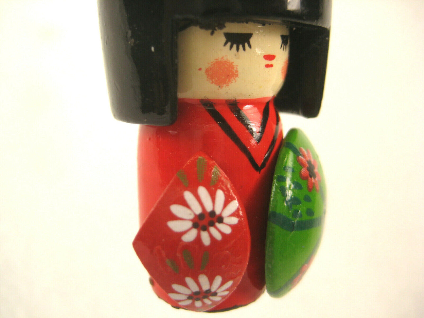 Japanese Hanging Kokeshi Ornement Red Kimono Green Hat Red Fan Tall Hair