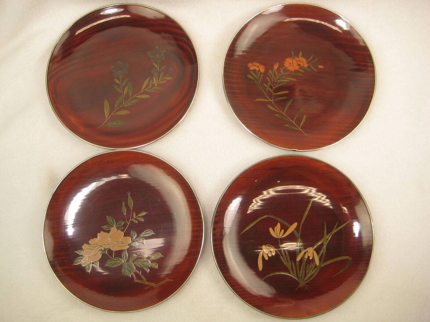 Antique Japanese Set Of 4 Shunkei Nuri Lacquer Kashizara Appetizer Dish Plate