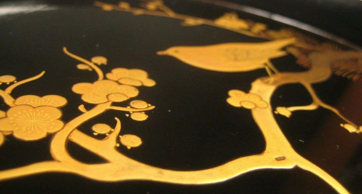 Antique Japanese Meiji Era 1860 Round Black Lacquer Shochikubai Makie Plate
