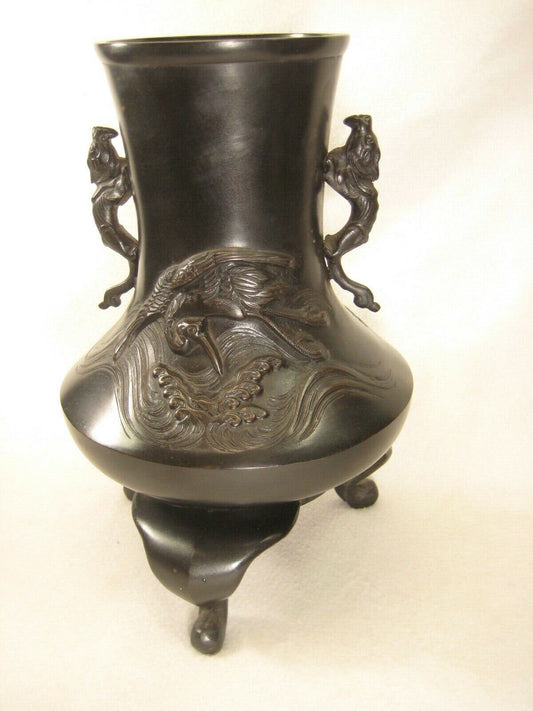 Antique Japanese Usubata  Bronze Ikebana Flower Vase Flying Crane Over Waves
