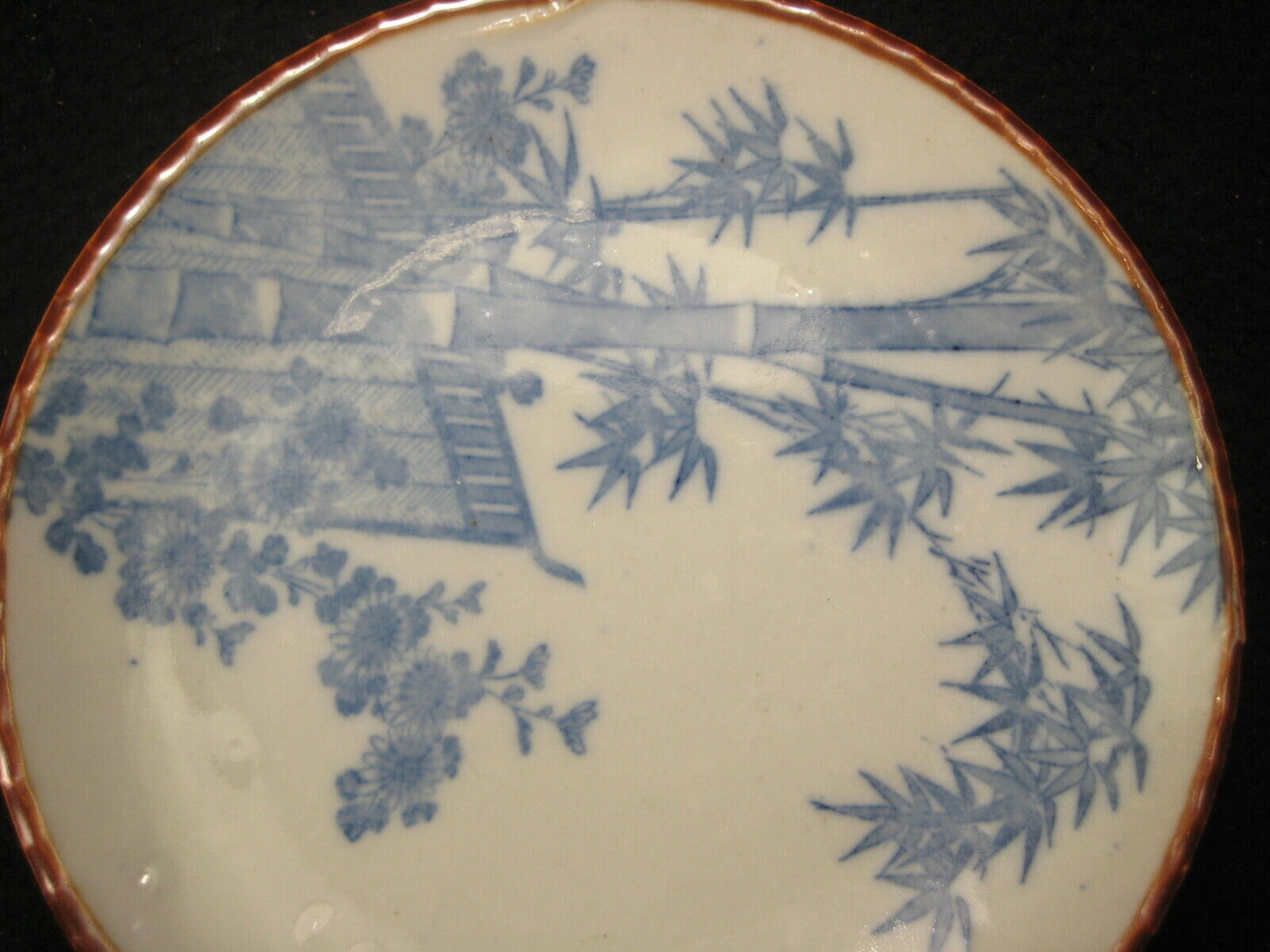 Antique Japanese Meiji Era (C1910) 7" Ceramic Blue/ White Imari Dish Bamboo