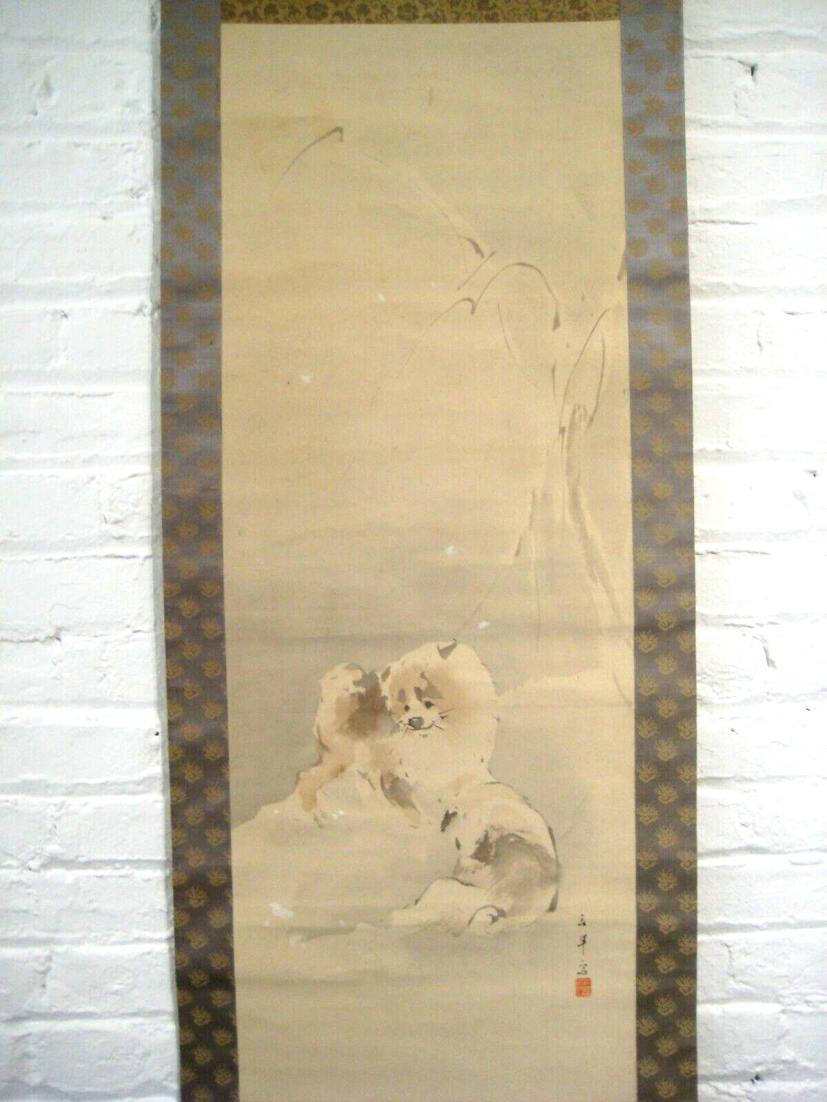 Vintage Japanese Scroll Two Fuzzy Akita Dogs Playimg In The Snow