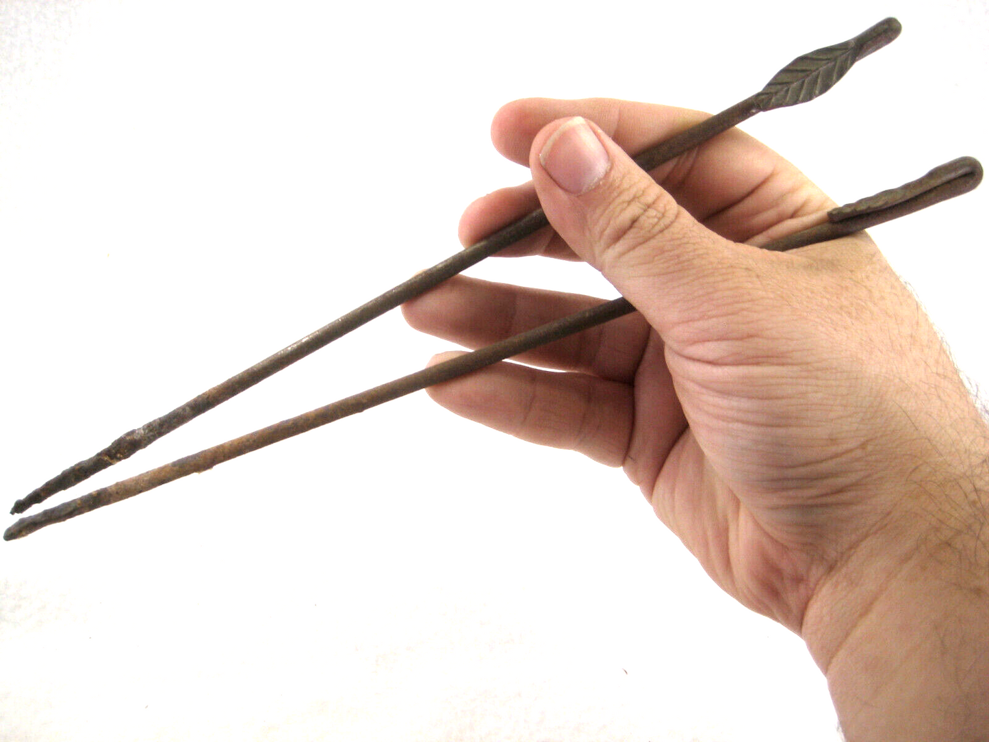 Antique Japanese (C1860) Chado Hibashi Fire Chopstick Scast Iron Rolled Leaf 10"
