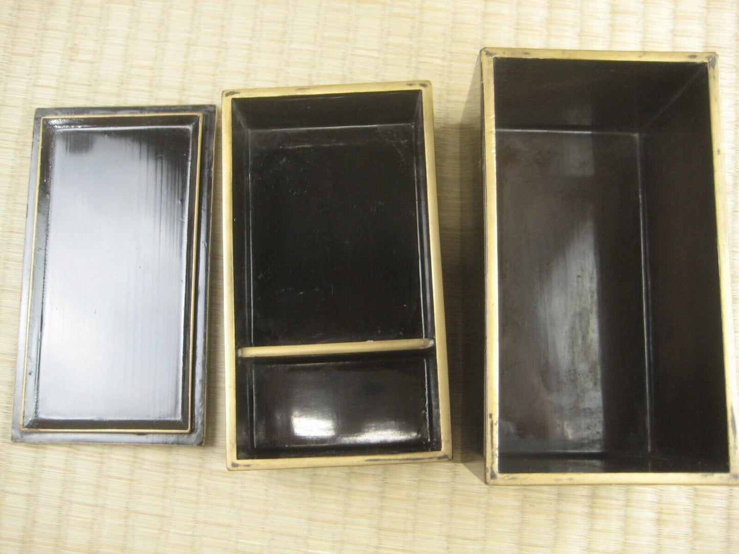 Antique Japanese 3 Compartment Box For Bento Or Storage Black Lacquer Gold Trim