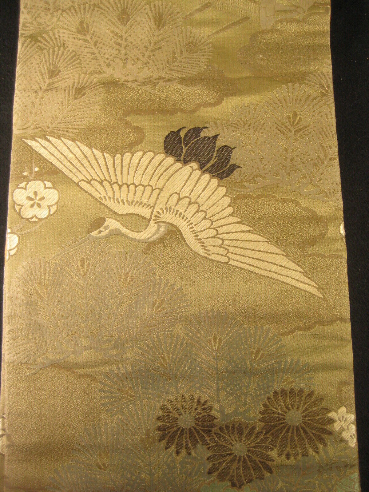 Japanese Green Obi Sash For Kimono Cranes Plum Pine Chrysanthemum Flowers