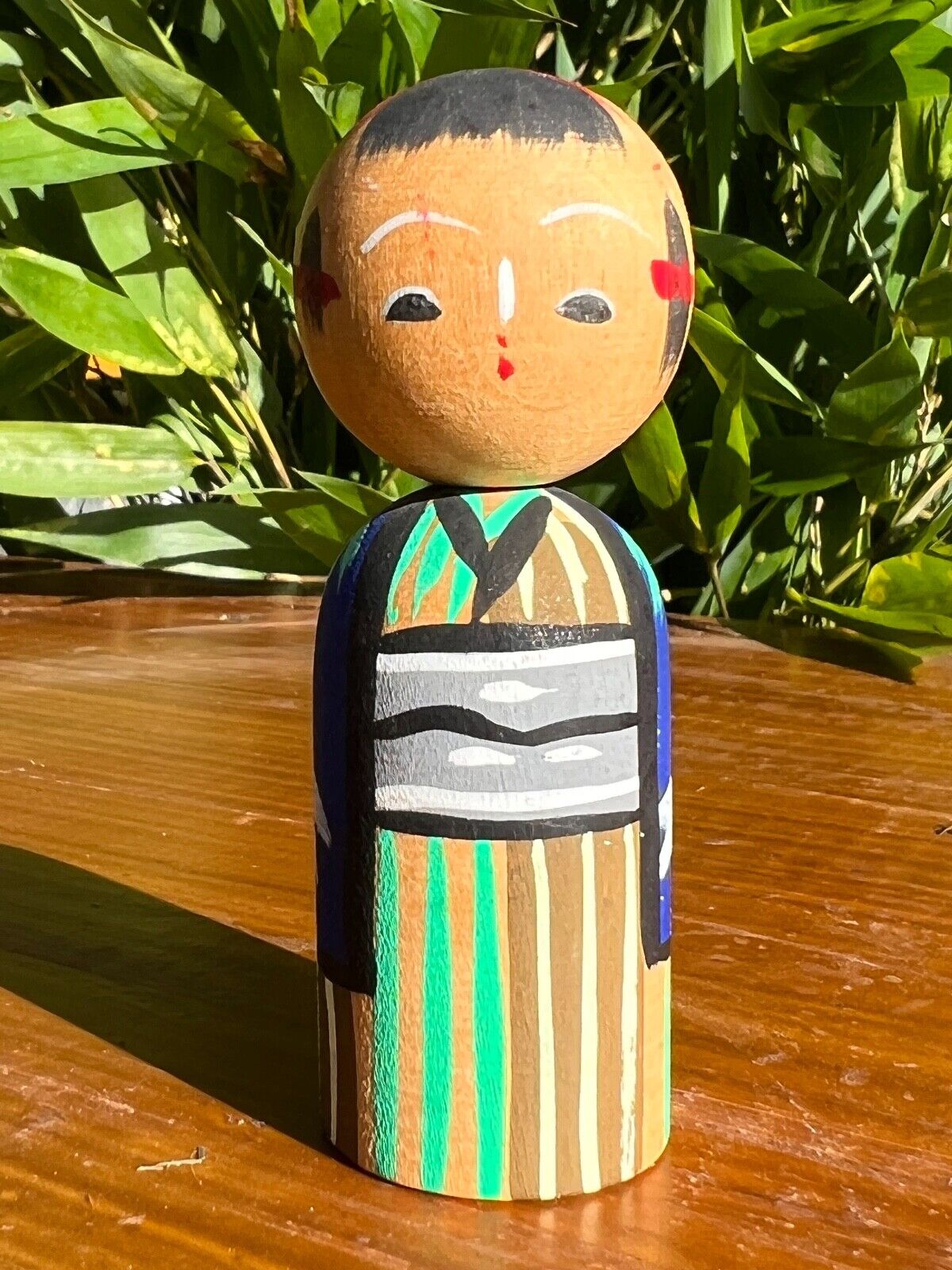 Vintage Japanese Kokeshi Wooden Doll Prince In Bamboo Kimono 2.75"