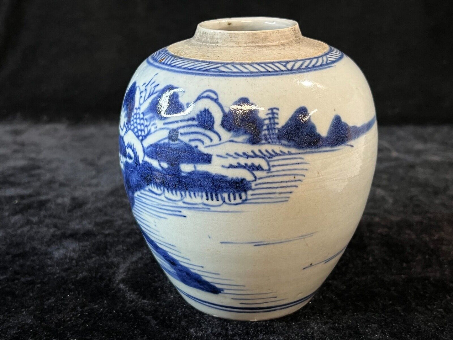 Antique Chinese Qing 19Th Century Cobalt Blue & White Jar Hand Painted 5.5"