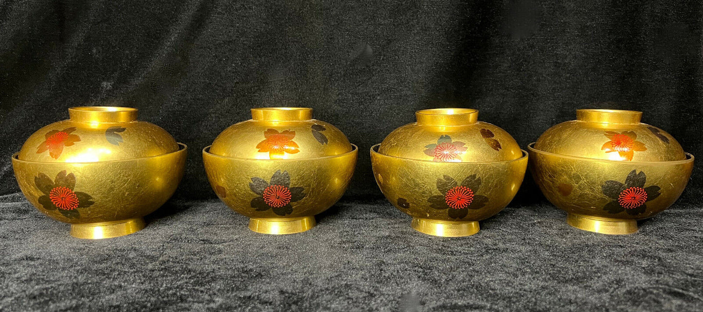 Set Of Four (4) Vintage Japanese Lidded Bowls Gold & Cherry Blossoms 4.5"