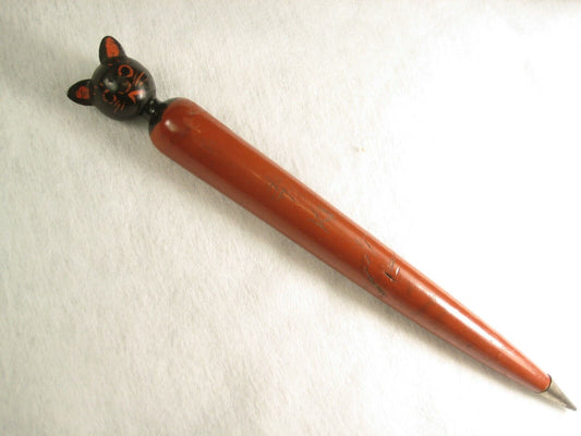 Vintage Japanese Signed Wooden Mechanical Pencil Carved Wooden Kitten Cat Head