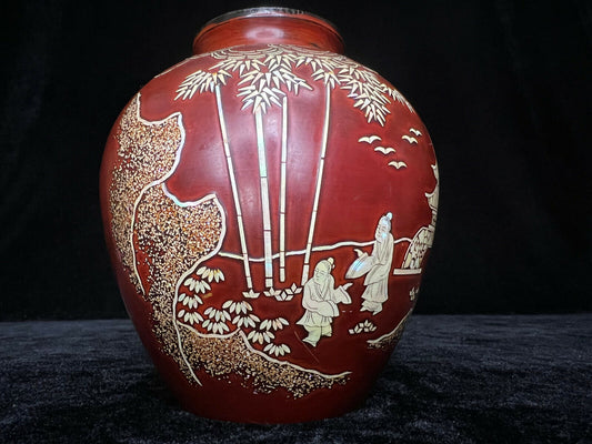 Vintage Decorative Vase Dark Red W/ Mother Of Pearl Inlay 5"