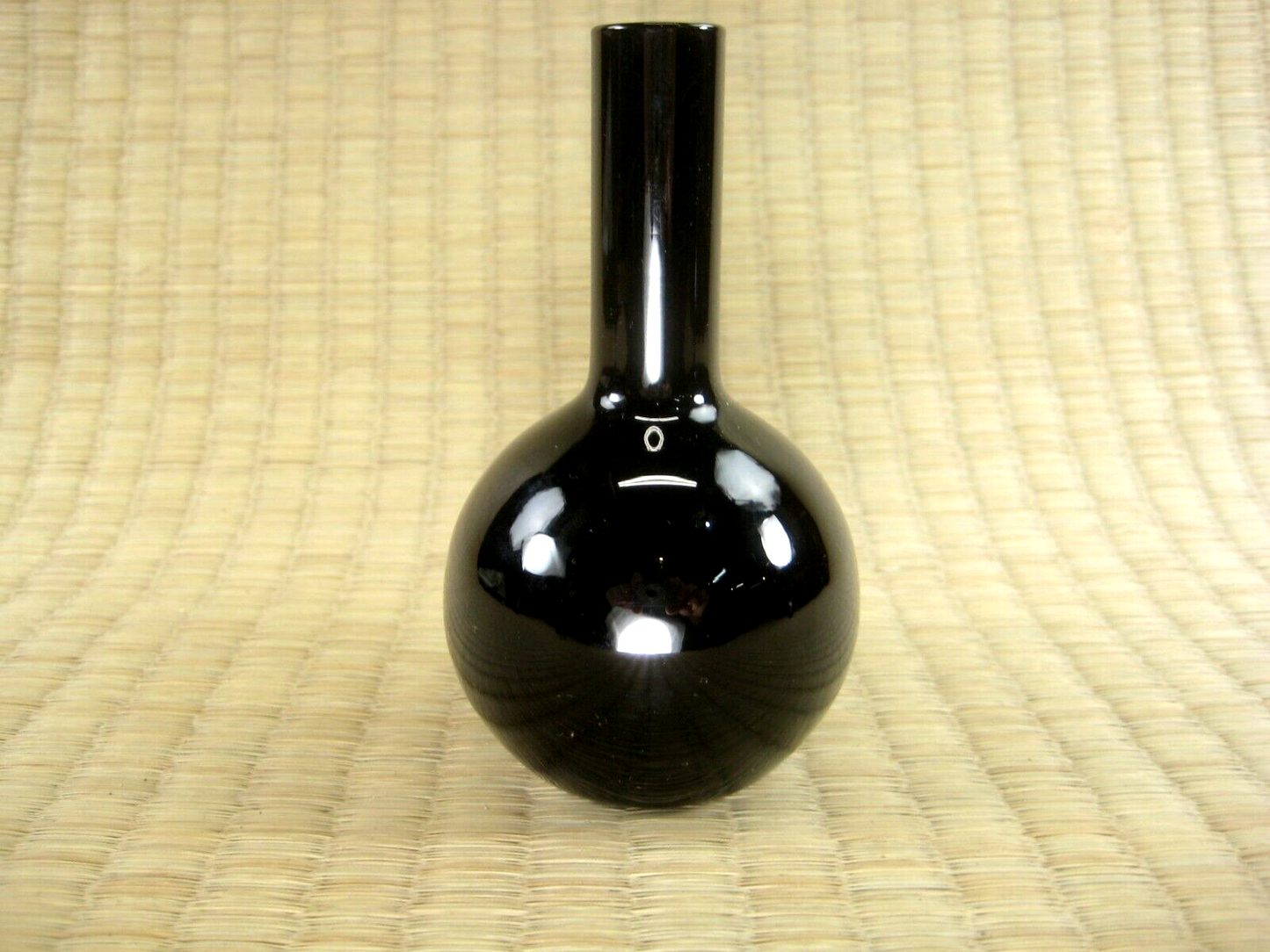 Japanese Black Glass Ikebana Long Necked Round Body Bud Vase 4.25 X 2.25"