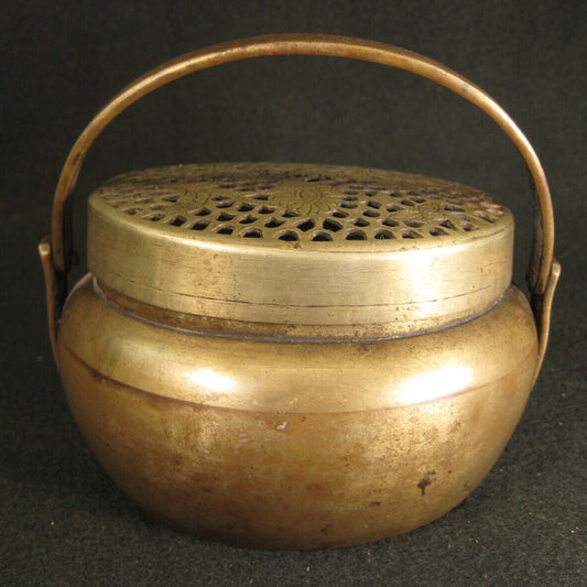 Antique Chinese Qing Dynasty 170 Yr Old Small Bronze Pierced Cover Hand Warmer