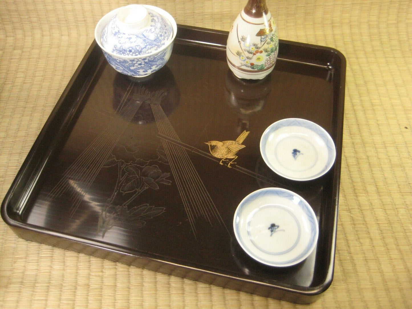 Antique Japanese Meiji Era 120 Yr Old Wood & Lacquer Obon Ozen Tray Wren & Peony