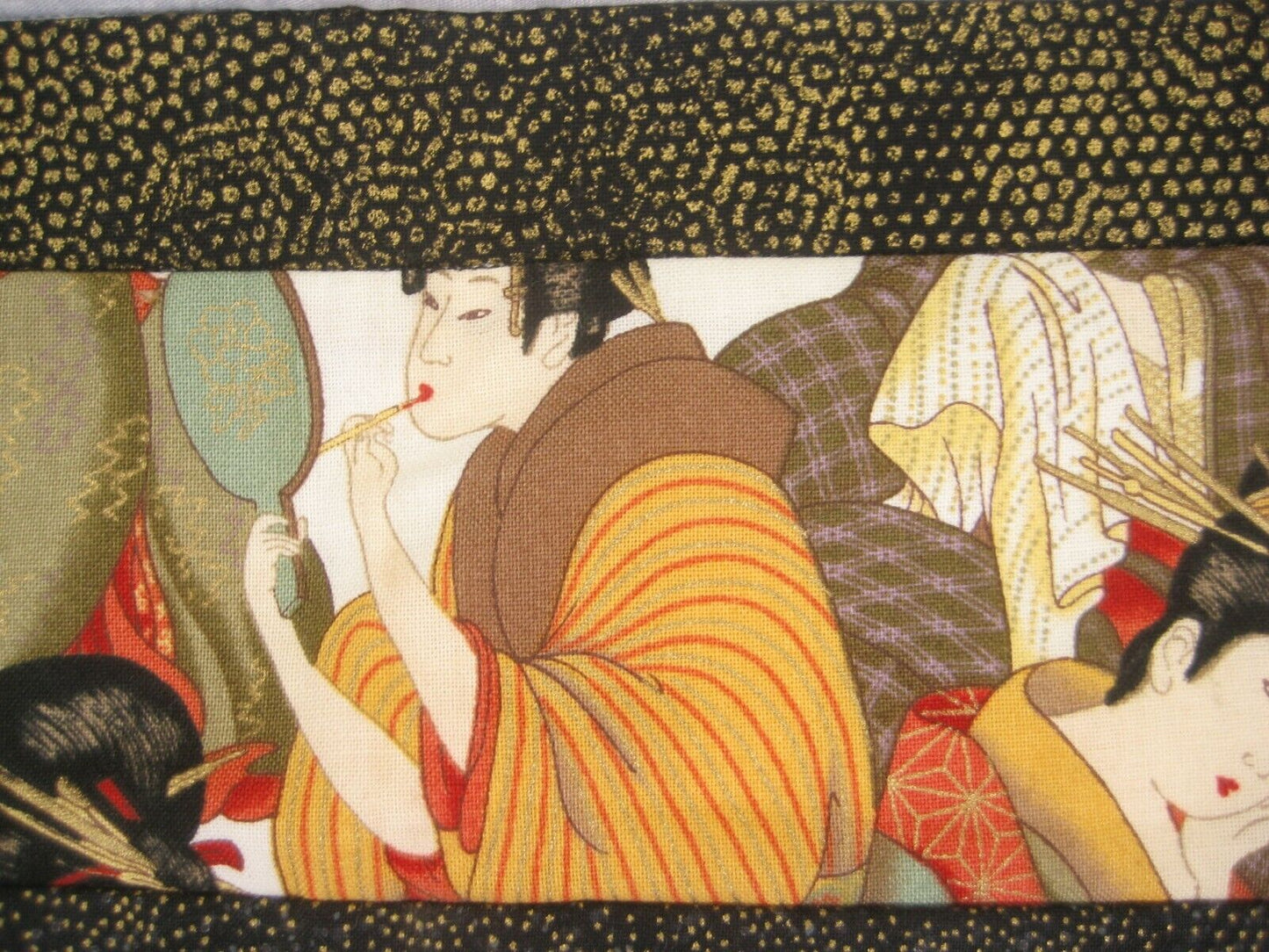 Vintage Japanese Signed Printed Cotton Stitched Quilt Geisha Design 28 X 30"