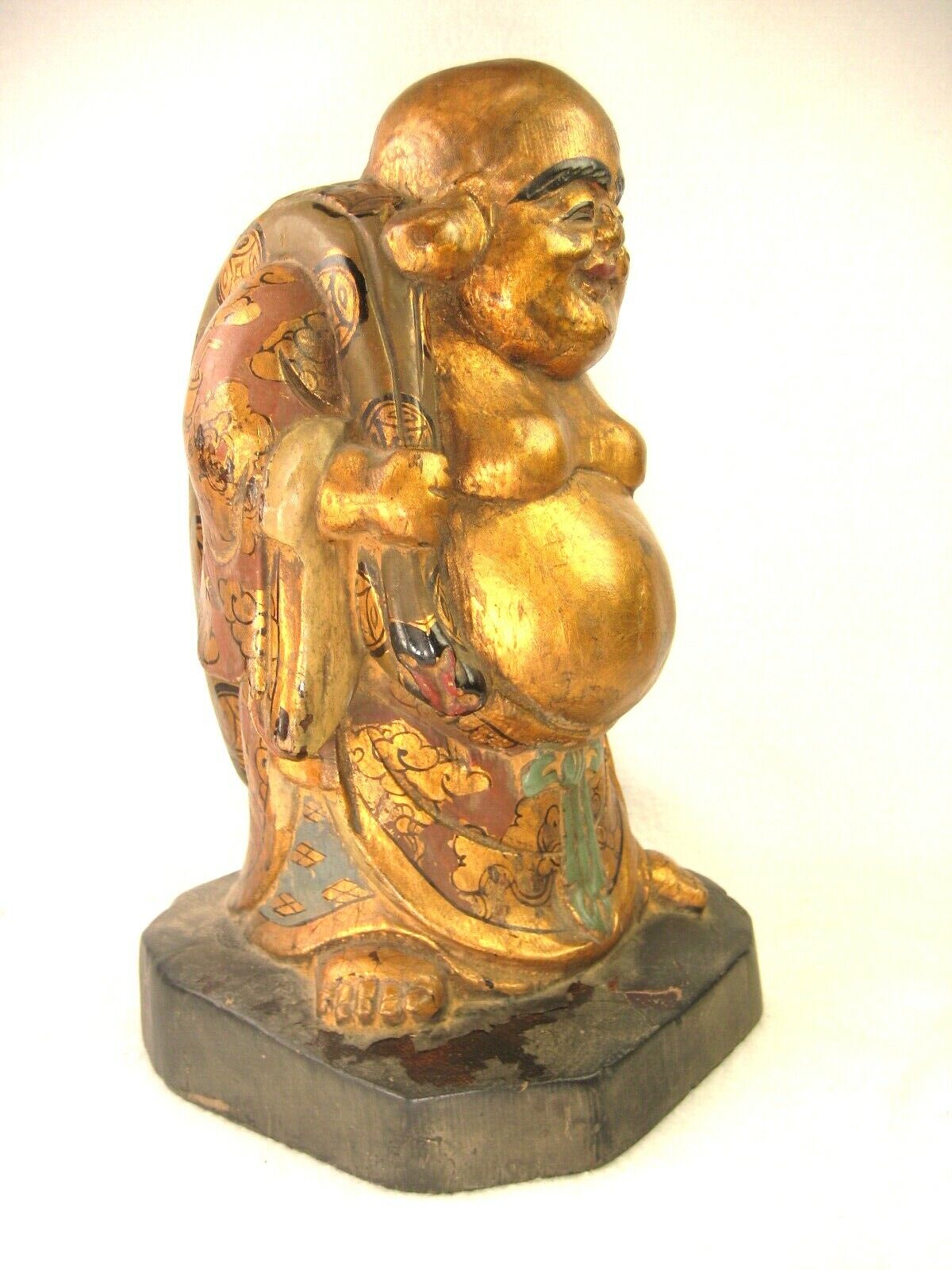 Antique Japanese Kiri Wood & Lacquer Statue Buddhist God Of Luck Hotei