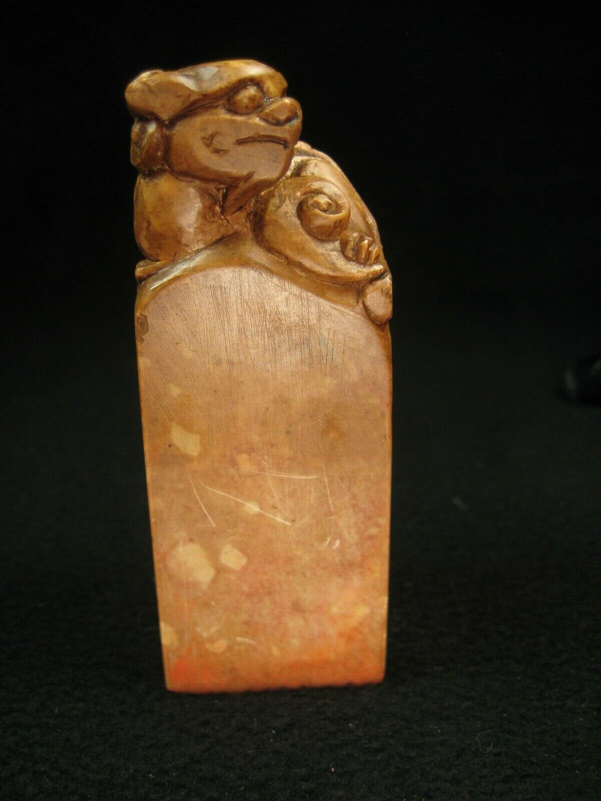 Antique Japanese Handcarved Inkan Marble Name Stamp With Shishi Foo Dog & Name