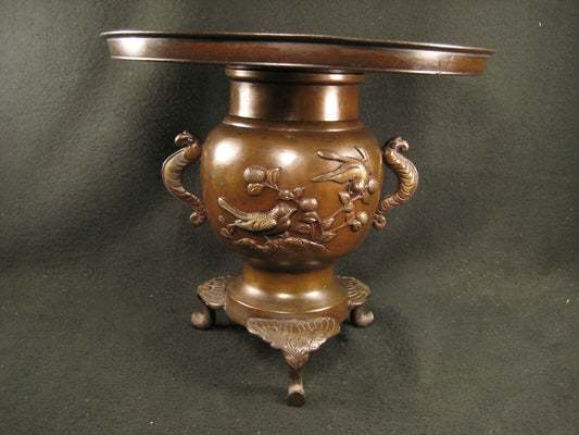 Antique Japanese Signed Usubata  Bronze Ikebana Flower Vase Birds & Flowers