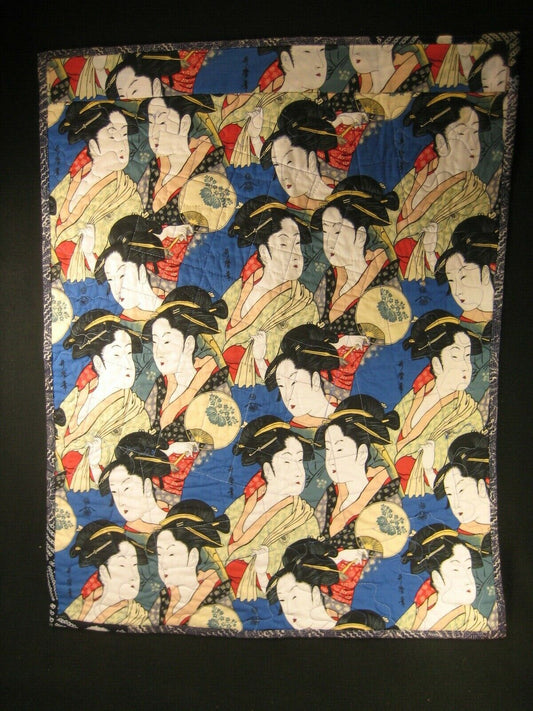 Vintage Japanese Printed Cotton Stiched Quilt Utamaro Courtesan Geisha Design