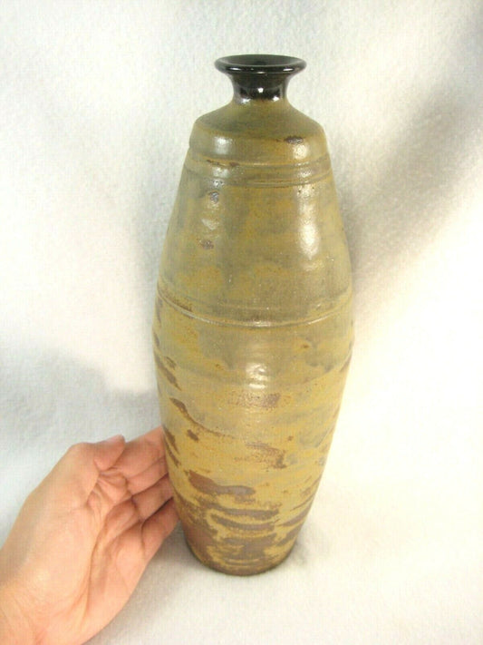 Vintage Japanese Signed Hand Thrown Ceramic Tall Flower Bud  Vase
