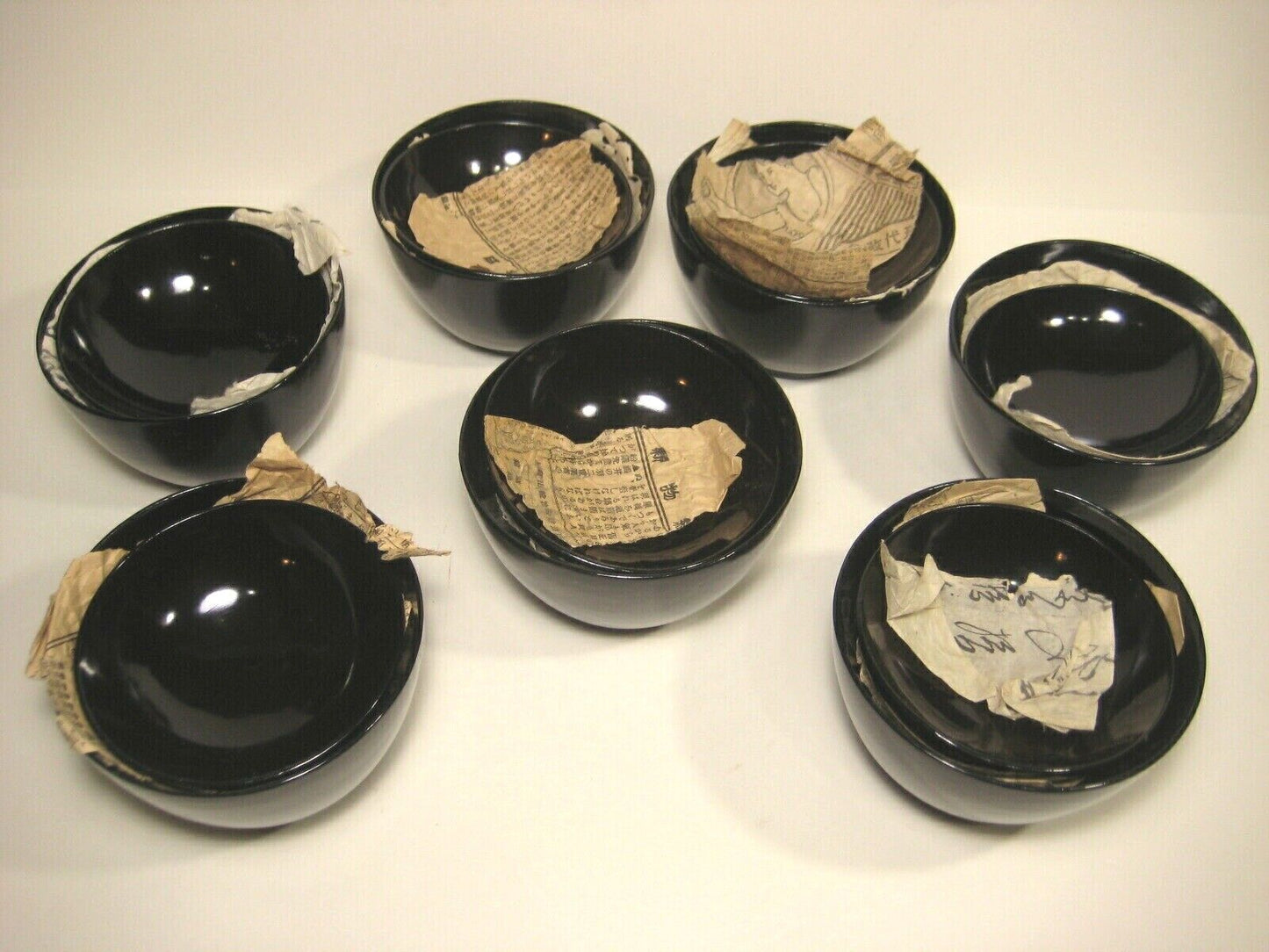 Antique Japanese Set Of 7 Meiji Era (C1880) High Sheen Black Lacquer Bowls