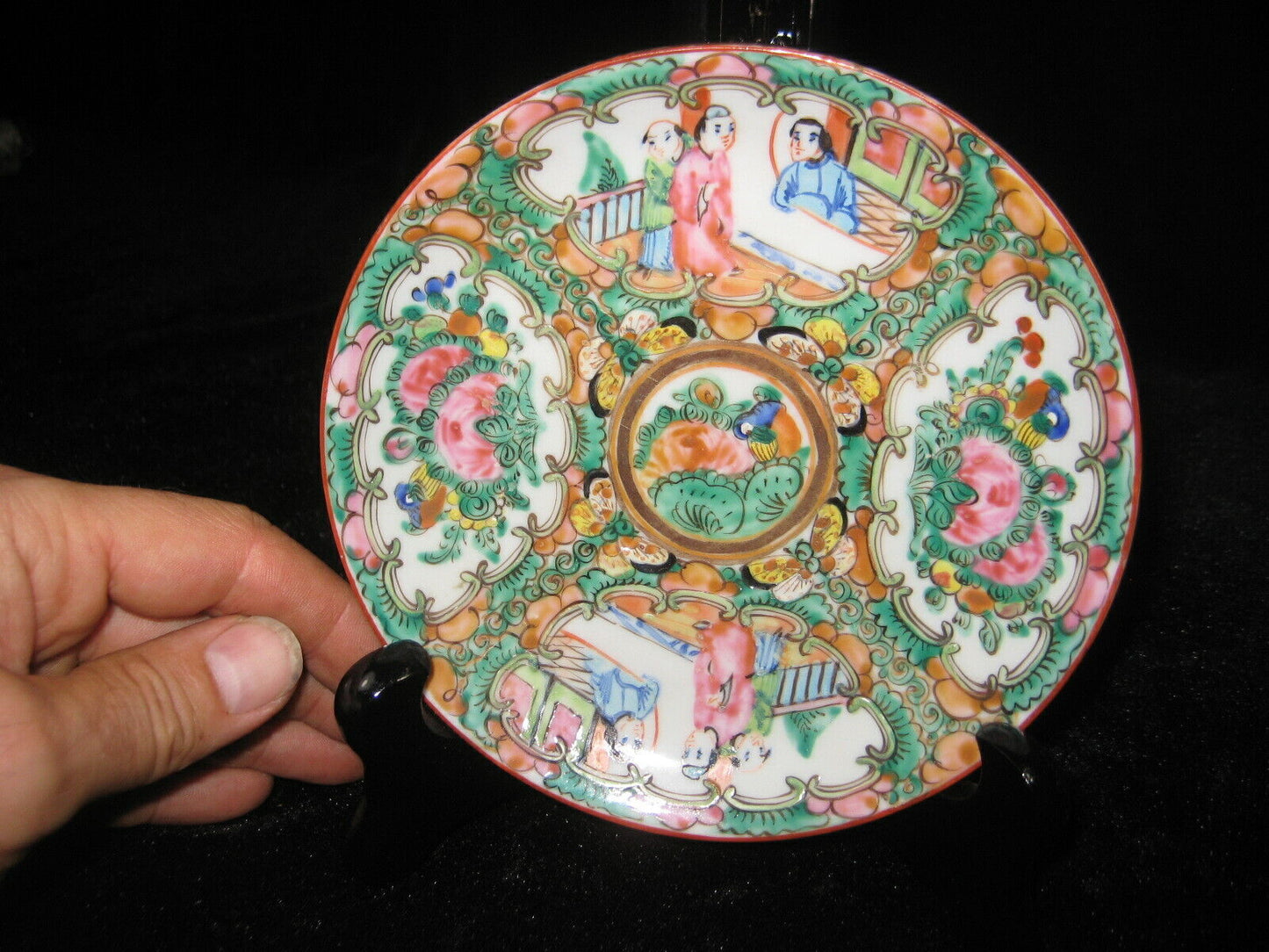 Vintage Chinese Ceramic Hand Painted Plate Dish Pink Green Birds & Flowers 5"