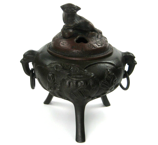 Japanese Bronze Koro Incense Burner W/ Foo Dog & Elephant Ring Handles 5"