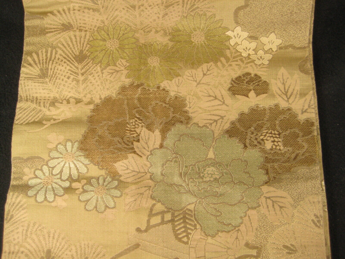 Japanese Green Obi Sash For Kimono Cranes Plum Pine Chrysanthemum Flowers