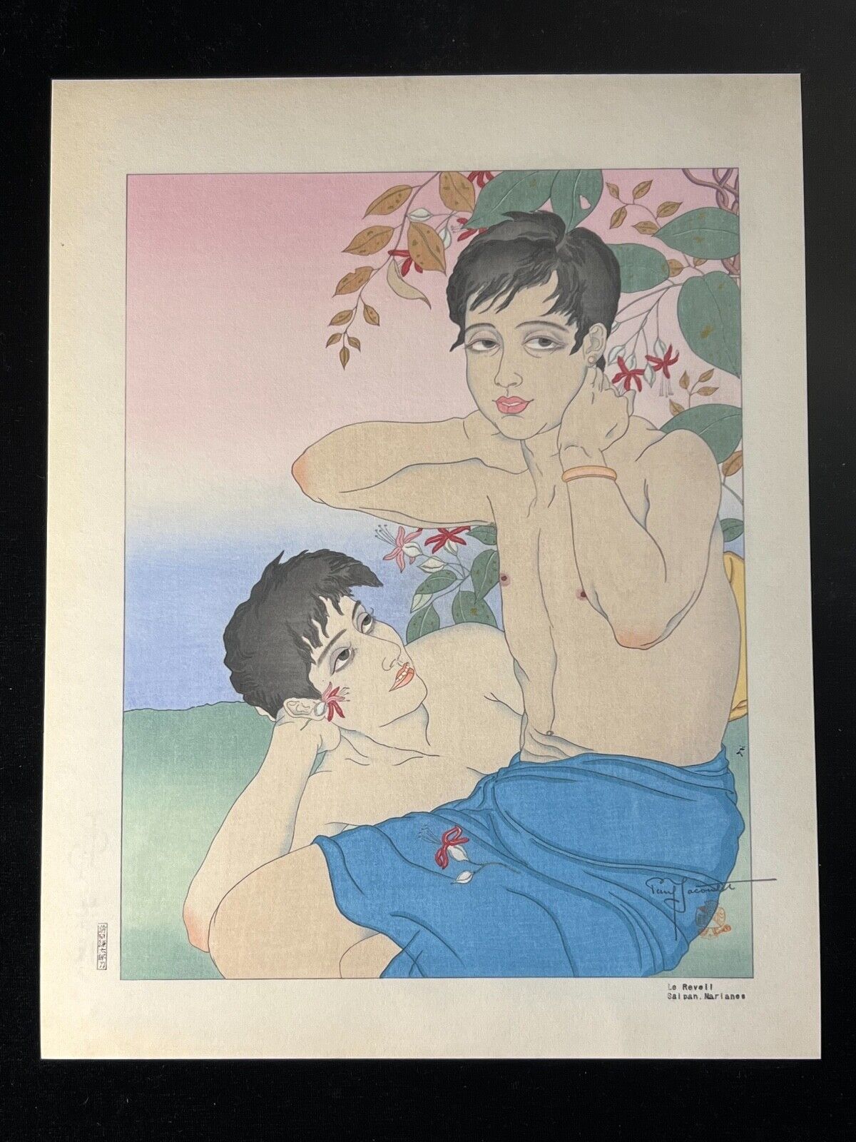 Paul Jacoulet Giclee Woodblock Print "Le Reveil" Saipan 7.75"x10"