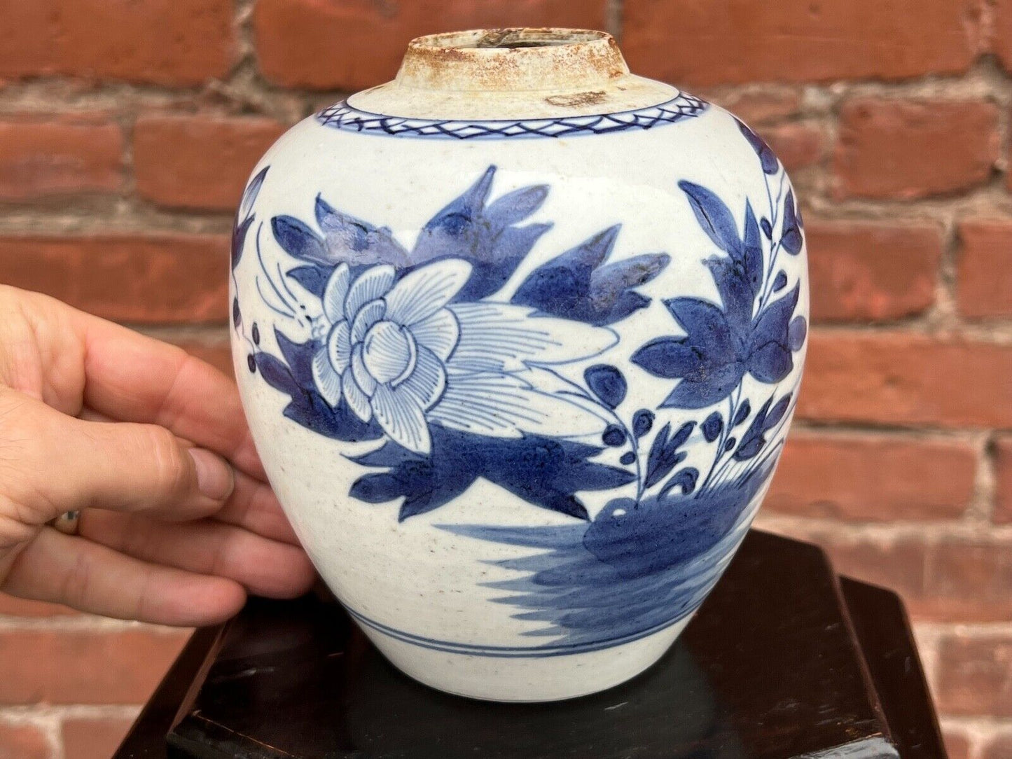 Antique Chinese Qing 200 Year Old Blue & White Jar Hand Painted Peony 5.5"H